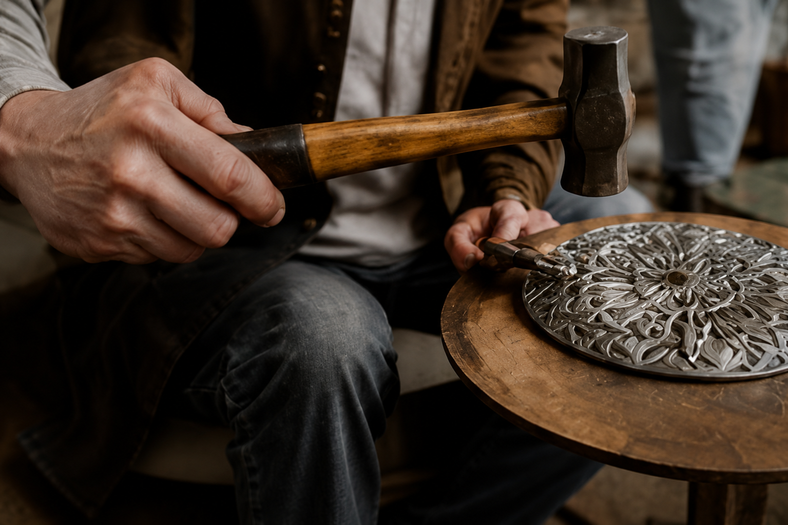 Artisan crafting metal decor at Bizba India
