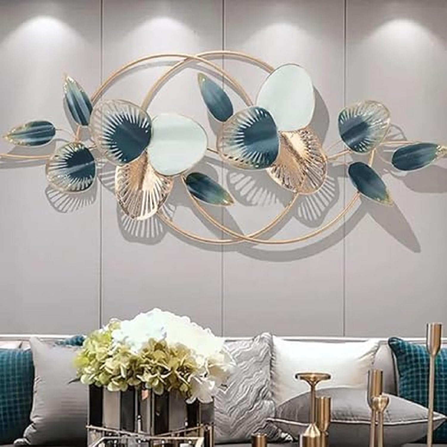 Handcrafted Metal Wall Sculpture Featuring Multi-Stem Lotus Leaves Modern Bronze and Gold 3D Art