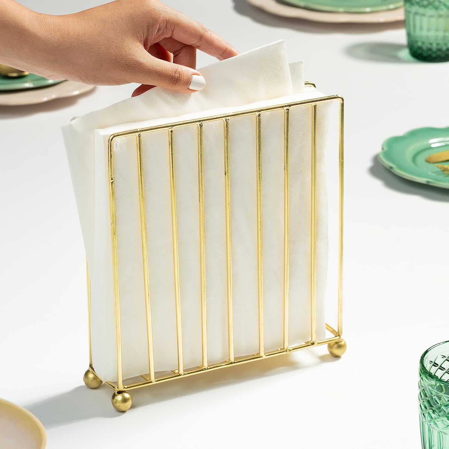 Modern Gold Finish Vertical Metal Napkin Holder Stand | Slim Design Tissue Holder | Heavy Duty Iron Paper Napkin Organizer for Dining Table, Kitchen & Restaurant