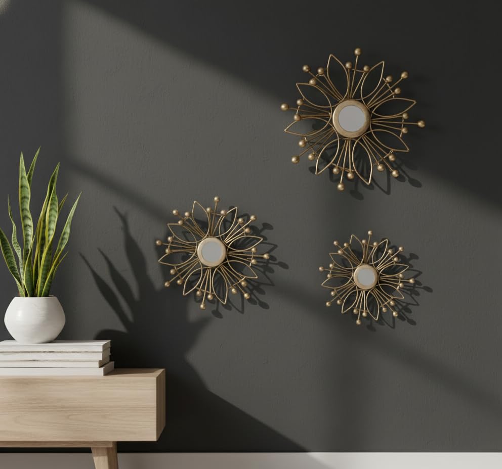 – Sunburst Flower Design Decorative Mirror, Luxury Metal Wall Art, Modern Home Decoration Hanging Mirror for Bedroom Hallway Office