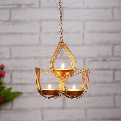 Hanging Metal Diya Stand Gold | Tea Light Candle Holder for Diwali Decoration, Home Decor, Wedding & Festival Hanging