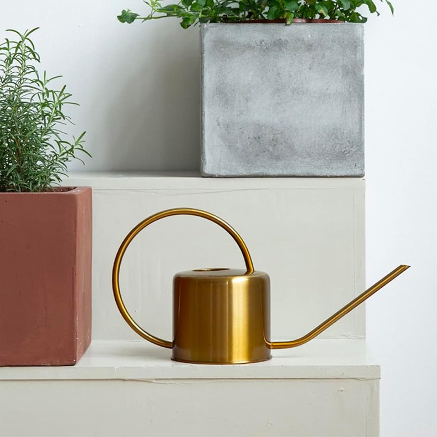 Modern Golden Metal Watering Can with Long Spout for Indoor Plants and Home Decor