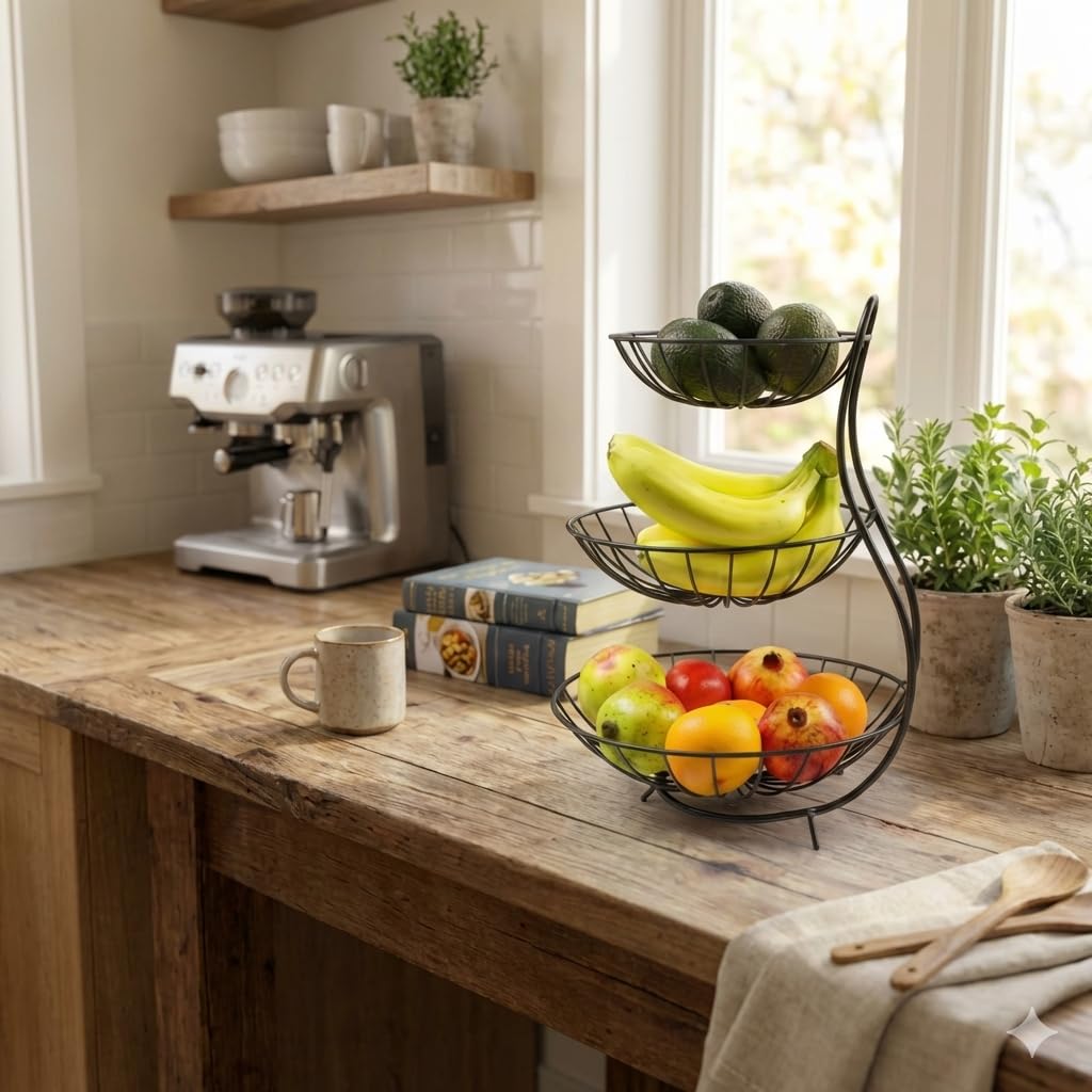 Metal Fruit Bowl or Bread Basket Vegetables Storage Organizer Holder I Multi-Purpose Basket for Kitchen & Home, Black