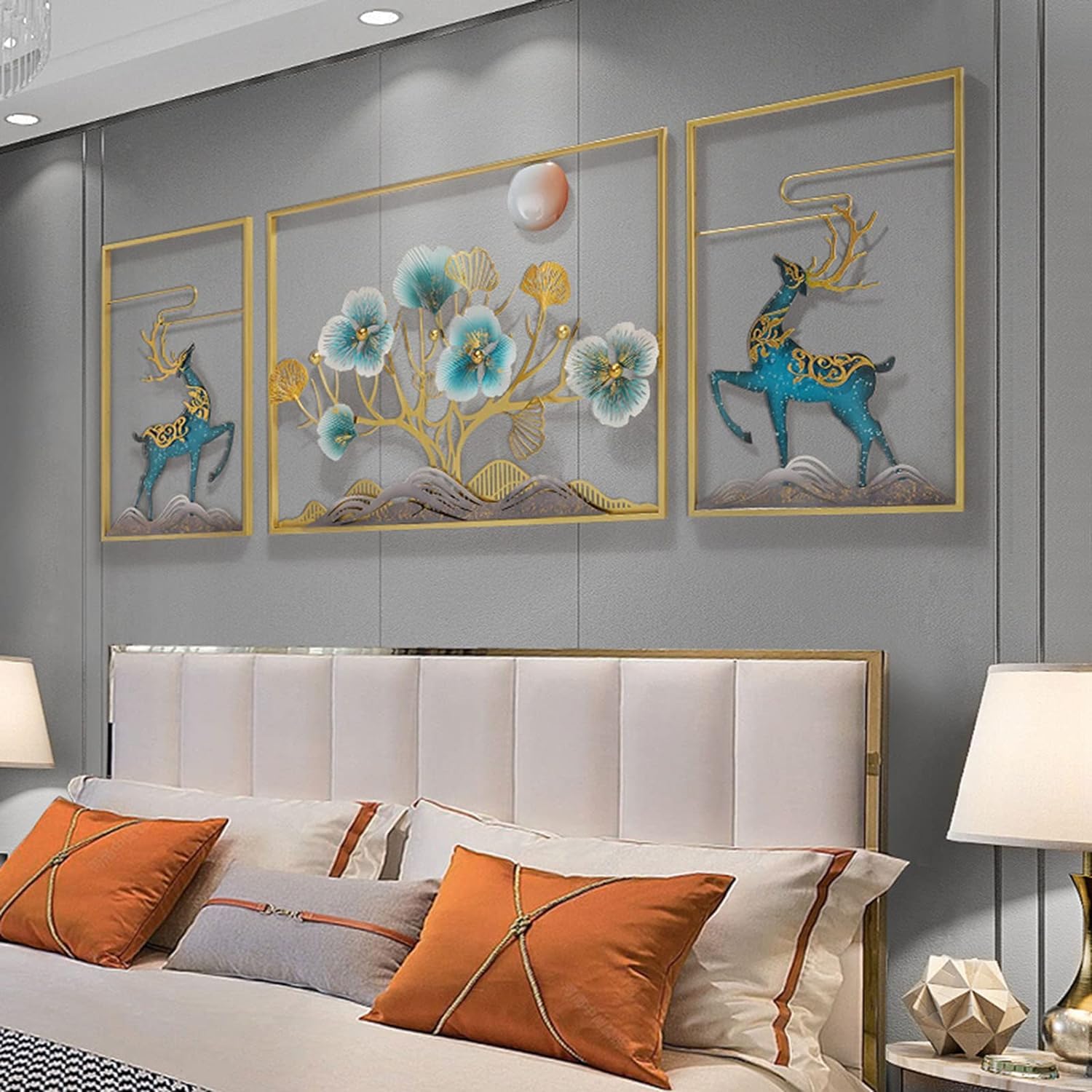 Luxury Ginkgo Biloba Metal Wall Art with Circular Moon Frame Teal and Gold Hand-Painted 3D Leaf Decor