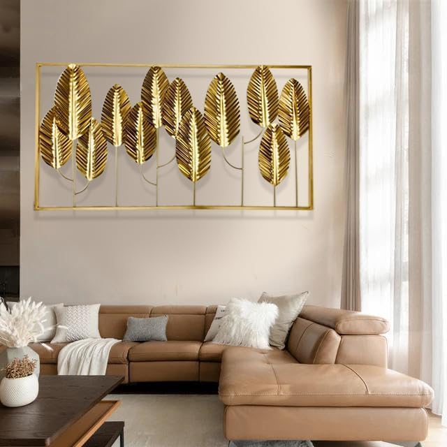 Luxury Rectangular Metal Wall Art with 3D Golden Banana Leaves - Tropical Theme Handcrafted Wall Sculpture
