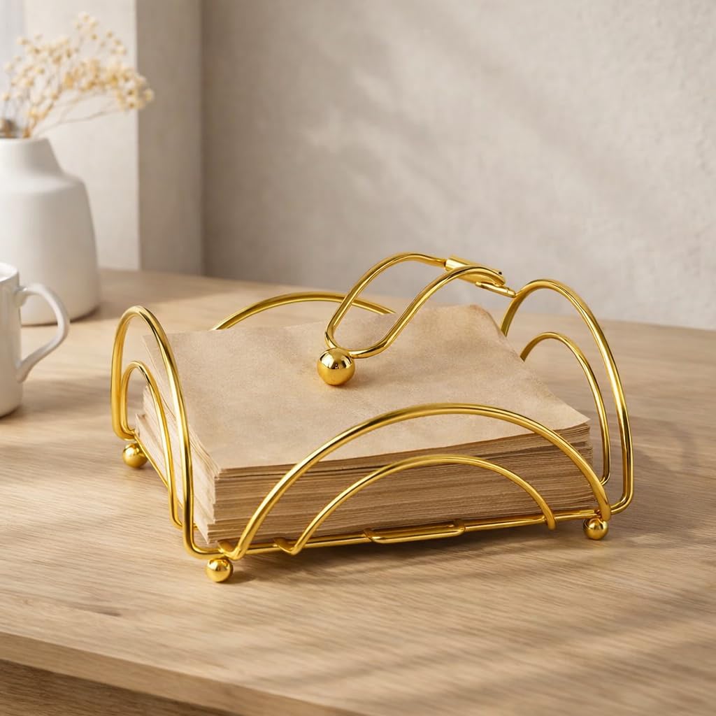 Luxury Gold Finish Metal Napkin Holder Stand with Weighted Arm | Decorative Arc Design Tissue Holder | Heavy Duty Iron Napkin Dispenser for Dining Table, Kitchen & Restaurant