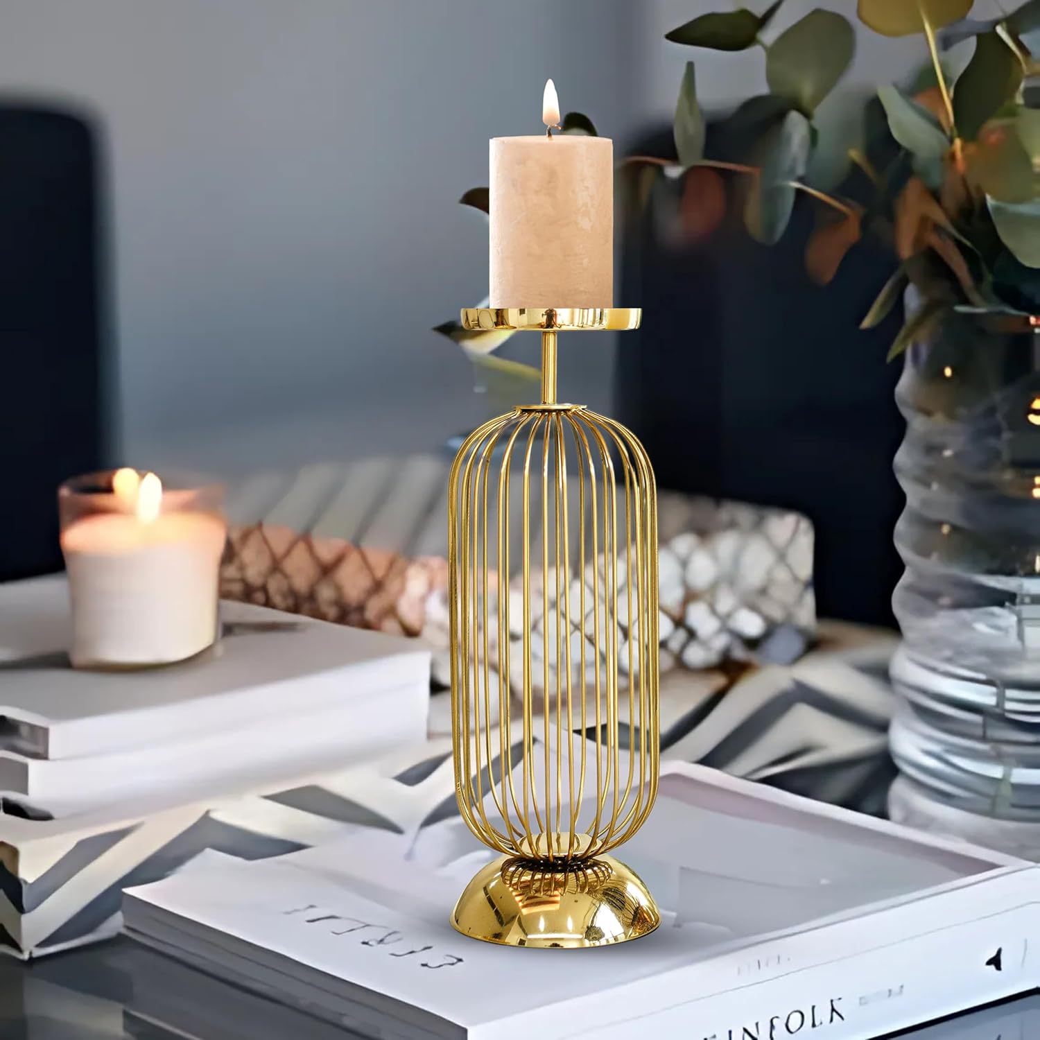 Metal Candle Stand Gold | Tall Cage Design Candle Holder for Home Decor, Table Centerpiece, Wedding Decoration