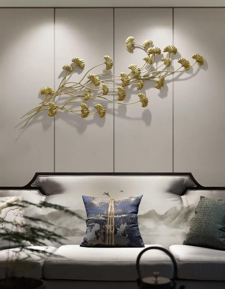 Tall Vertical Ginkgo Biloba Metal Wall Decor - 3D Golden Leaf Bouquet Sculpture for Hallway and Pillar