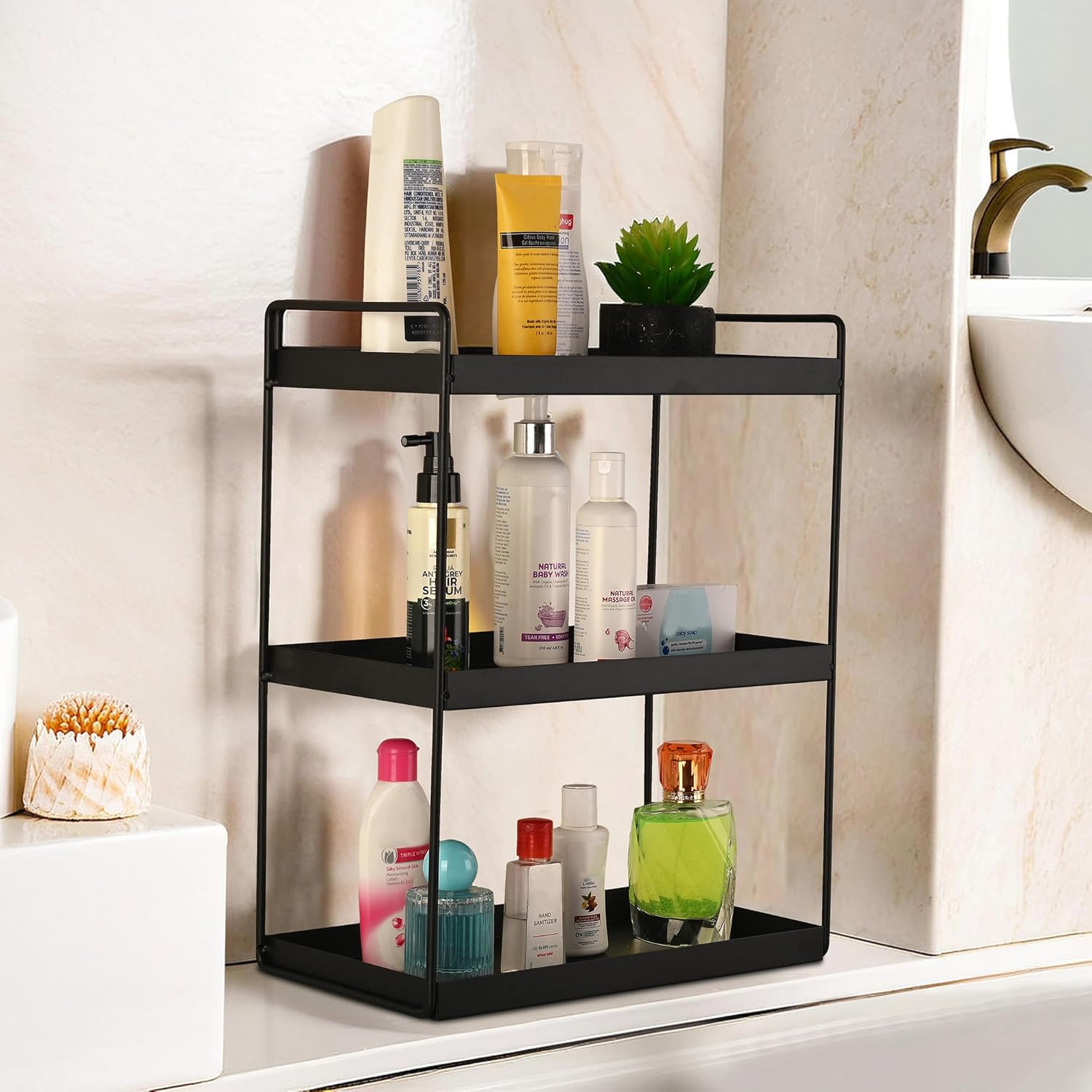 3-Tier Large Capacity Bathroom Wall Shelf Black Metal Shower Caddy Cosmetic Storage Organizer Heavy Duty Toiletries Rack