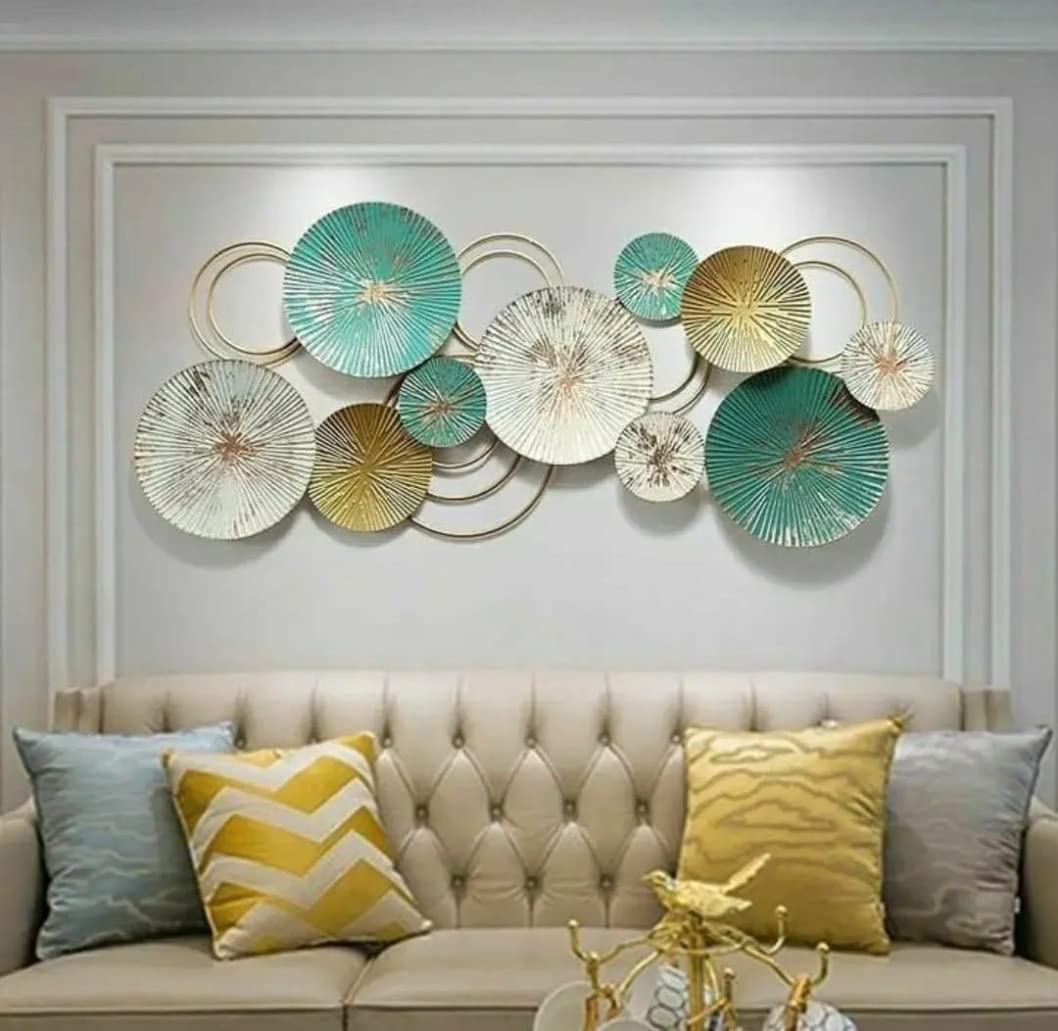 Artistic Tree Branch Metal Wall Decor in Triple Gold Circles Modern 3D Teal and Gold Leaf Sculpture