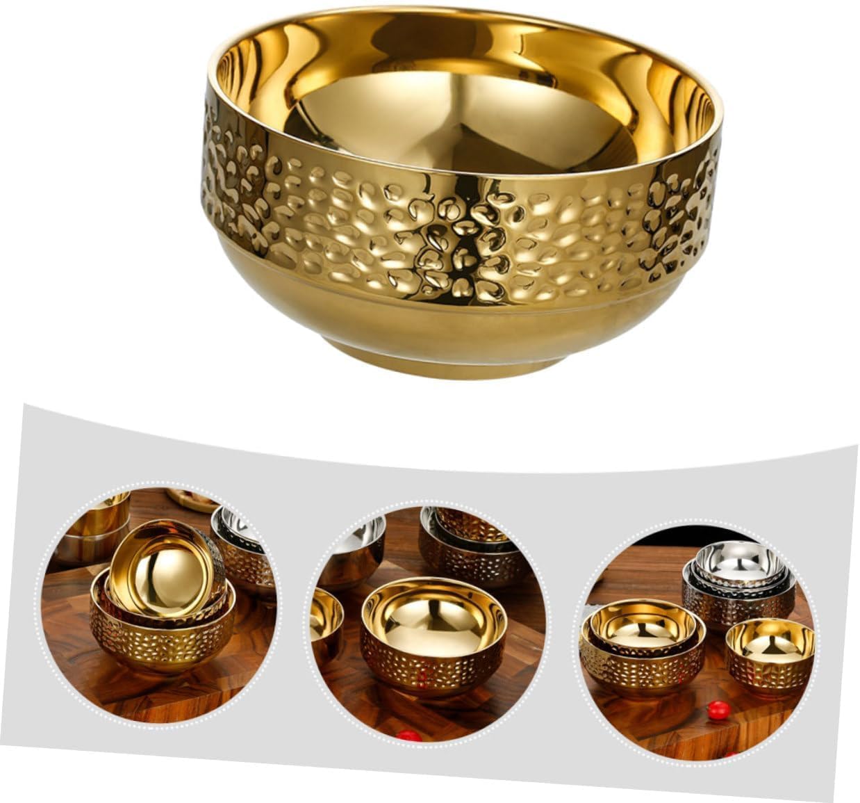Premium Double-Walled Stainless Steel Hammered Bowl – Insulated Anti-Scald Gold Serving Dish for Soup, Ice Cream & Snacks