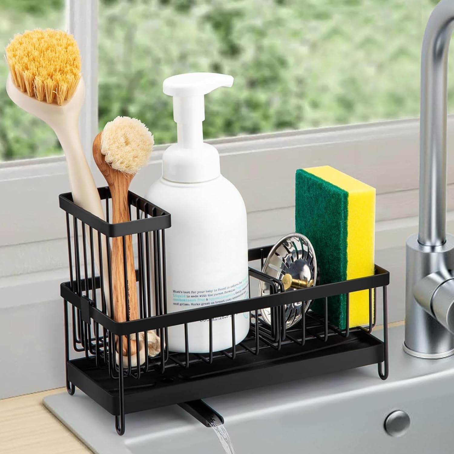 Kitchen Sink Caddy Organizer Stainless Steel Sponge Holder with Removable Drain Pan Countertop Dish Soap and Brush Storage Rack