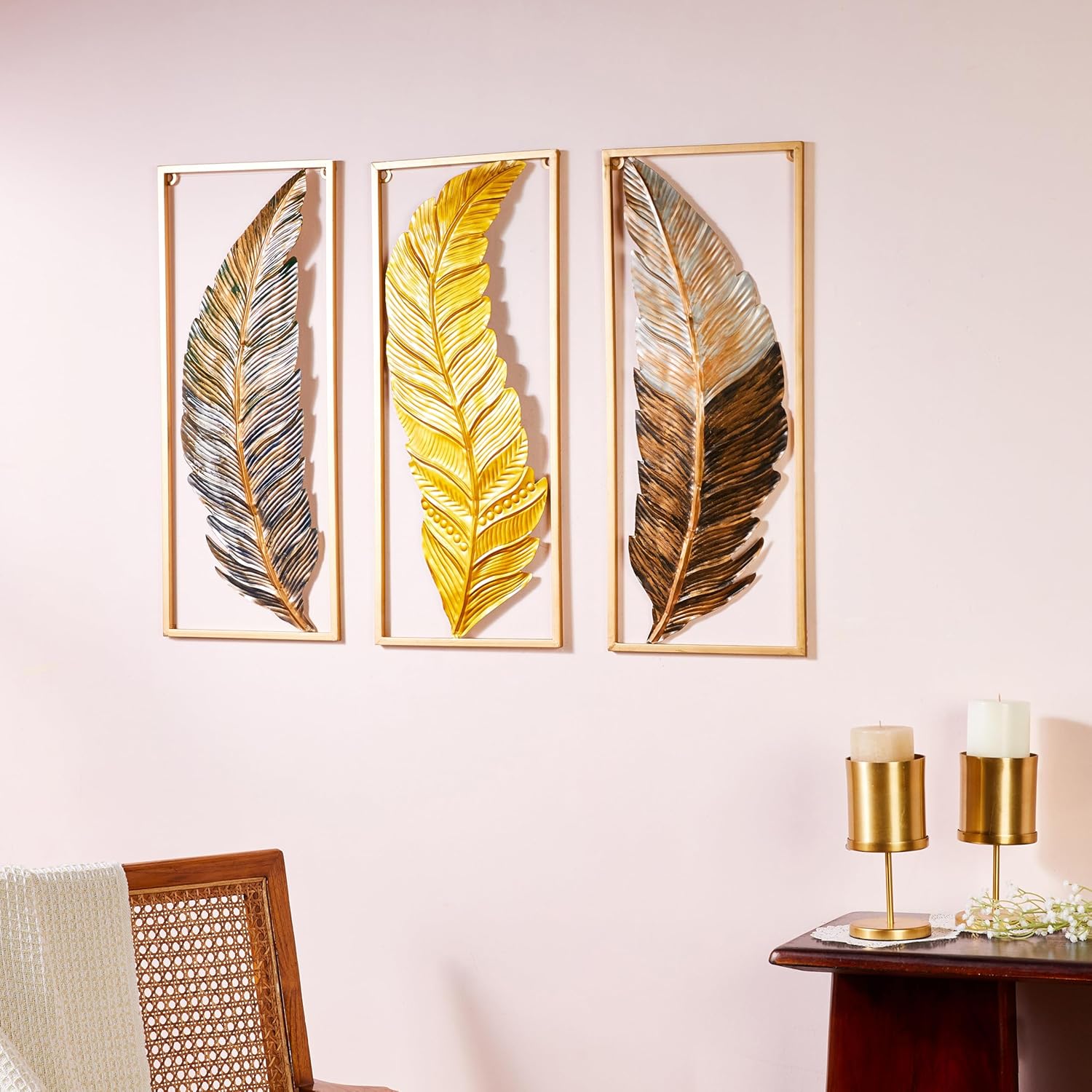 Triple Panel Golden Feather Metal Wall Sculpture - Modern 3-Piece Handcrafted Feather Decor for Bedroom