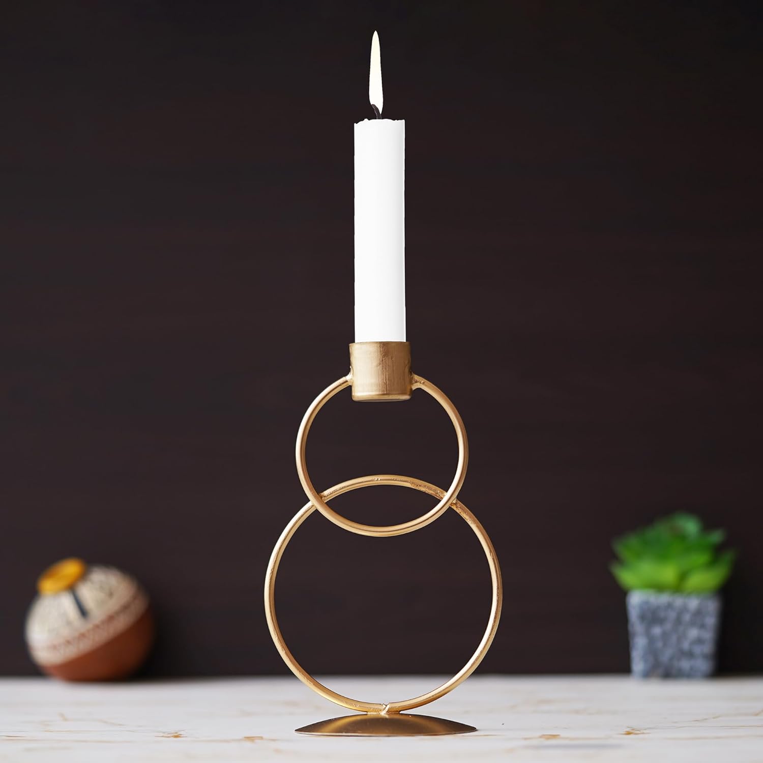Metal Candle Stand Gold | Double Ring Candle Holder for Home Decor, Table Centerpiece, Wedding Decoration | Iron Candlestick