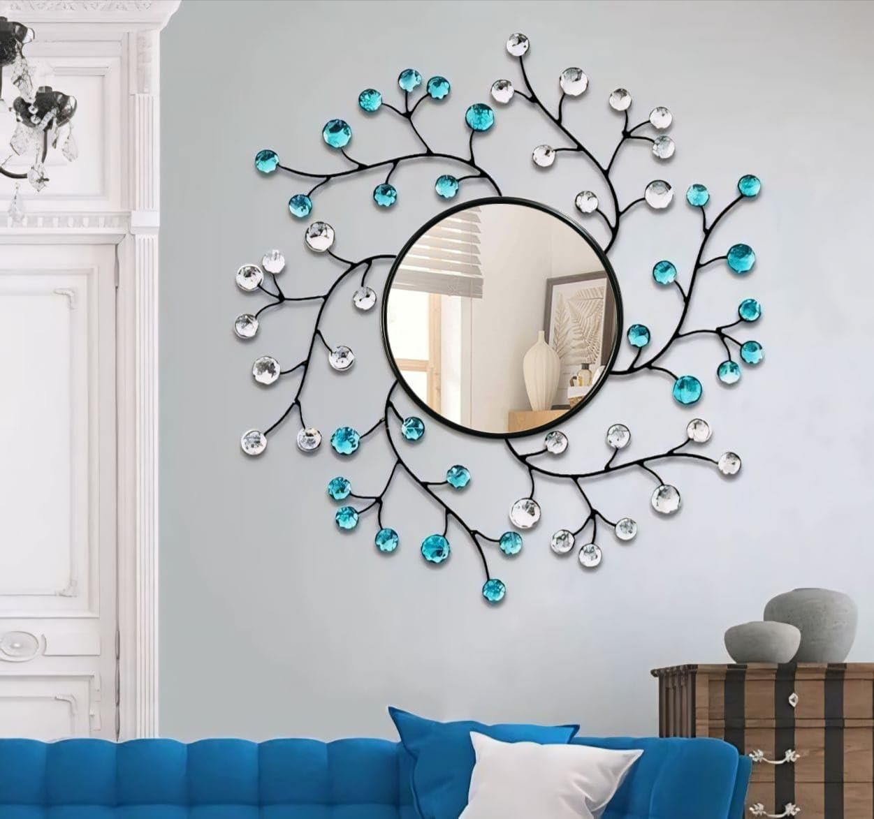 Large Floral Branch Wall Mirror with Blue and Clear Crystal Accents - Handcrafted Metal Art Decorative Mirror