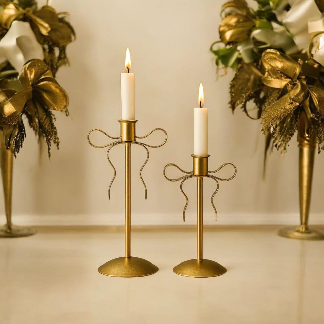 Decorative Gold Bow Knot Taper Candle Stand Set - Premium Metal Decor for Weddings & Dining