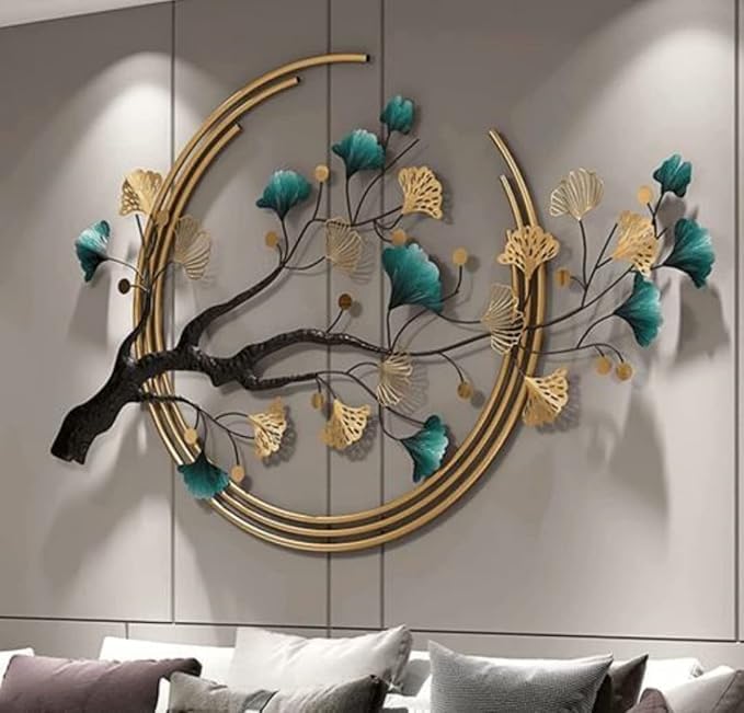 Artistic Tree Branch Metal Wall Decor in Triple Gold Circles - 3D Teal and Gold Leaf Wall Sculpture