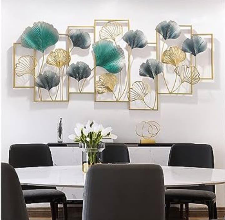 Large Multi-Panel Ginkgo Biloba Metal Wall Sculpture - Modern Teal and Gold Leaf Art for Living Room