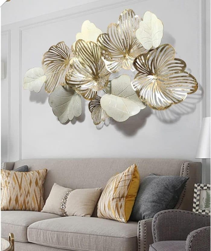 Modern Abstract Lotus Leaf Metal Wall Decor - 3D Gold and White Handmade Hanging Artwork for Living Room