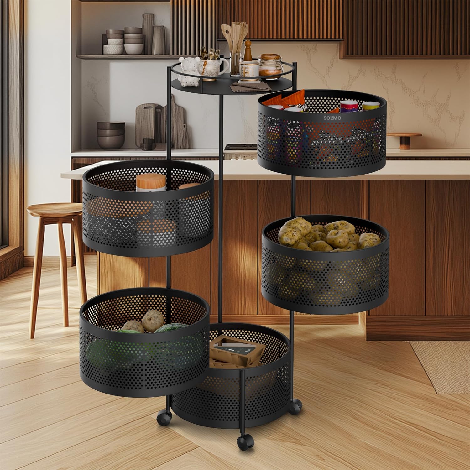 Multipurpose Storage Kitchen Rack Carbon Steel Fruit Vegetable & Spice Trolley with Wheels for Kitchen Organizer(Matte, Black)