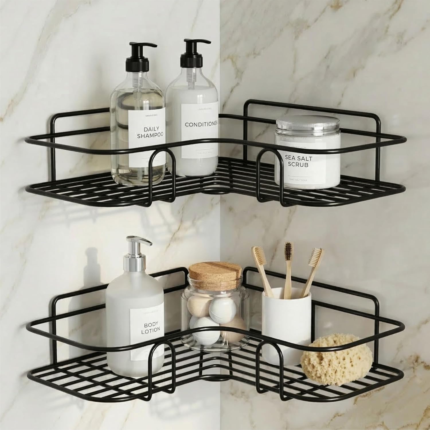 Rustproof L-Shape Corner Shower Caddy Adhesive Wall Mounted Bathroom Organizer Metal Wire Storage Rack for Shampoo and Toiletries