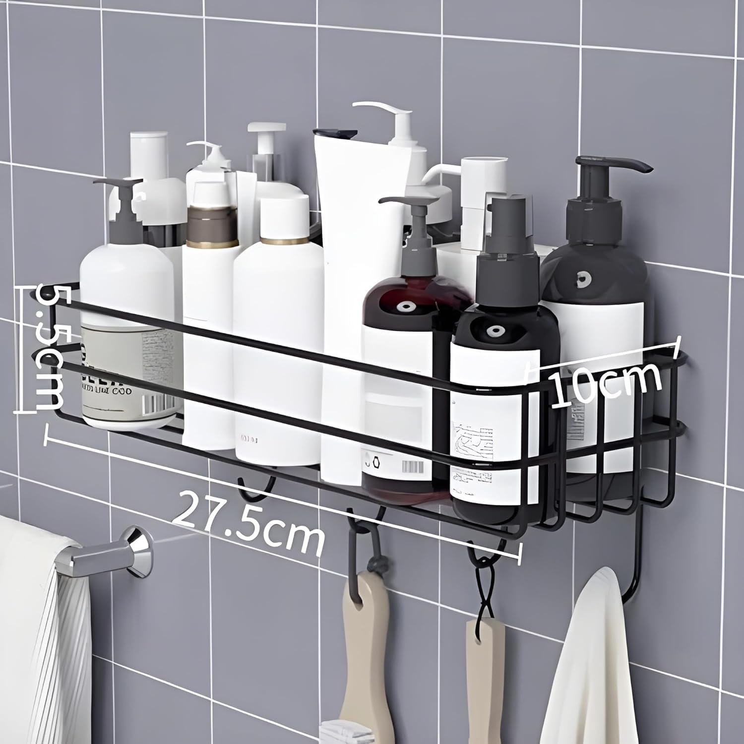 Self-Adhesive Bathroom Shower Shelf Wall Mounted Black Metal Storage Basket Kitchen Spice Organizer with Hanging Hooks No Drill