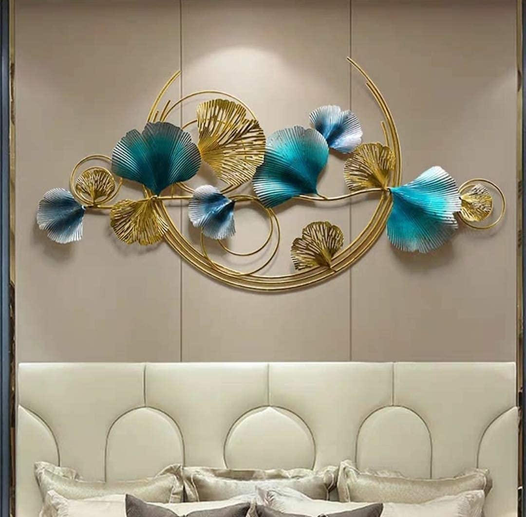 3D Ginkgo Biloba Metal Wall Art with Circular Moon Frame - Teal and Gold Hand-Painted Leaf Decor