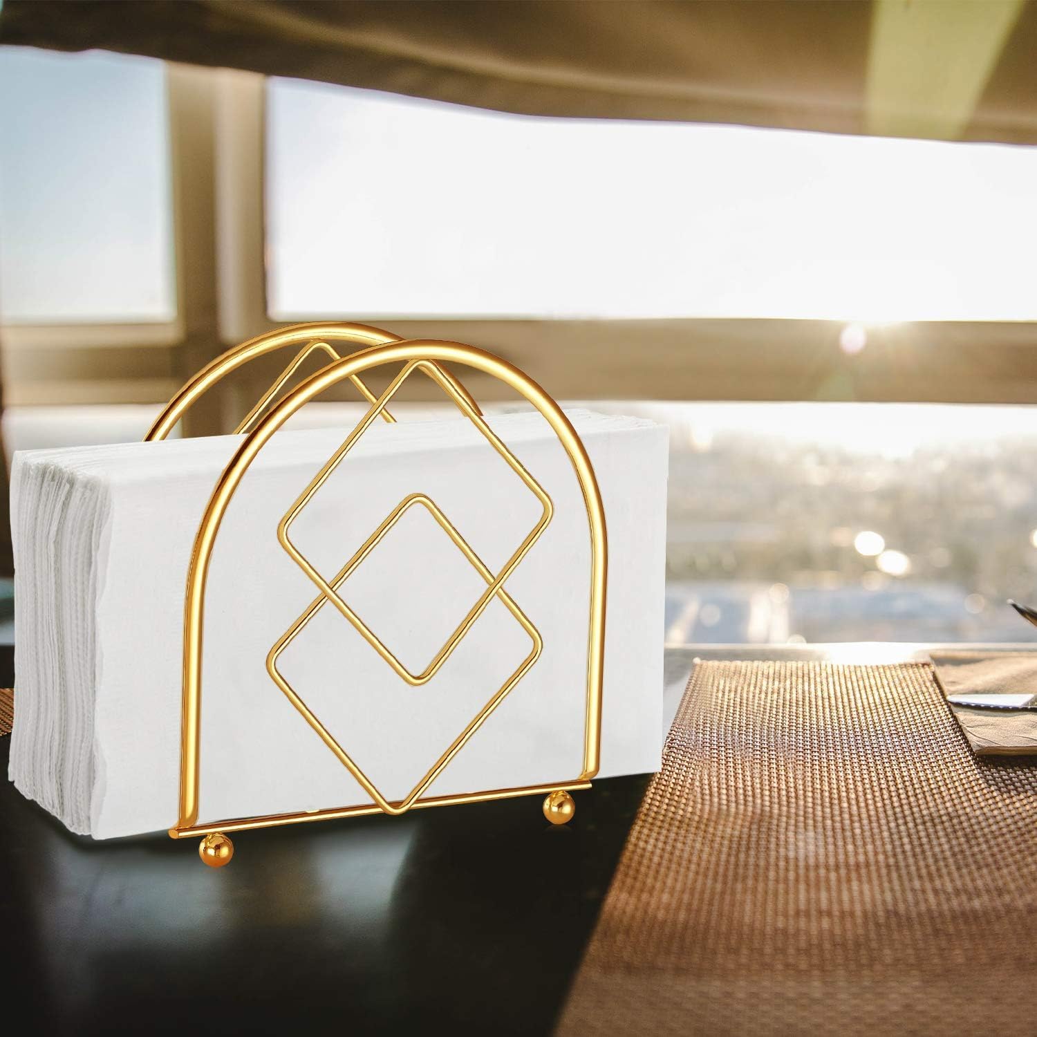 Premium Gold Finish Metal Napkin Holder Stand | Geometric Design Tissue Holder | Heavy Duty Iron Paper Napkin Dispenser for Dining Table, Kitchen, Hotel & Restaurant
