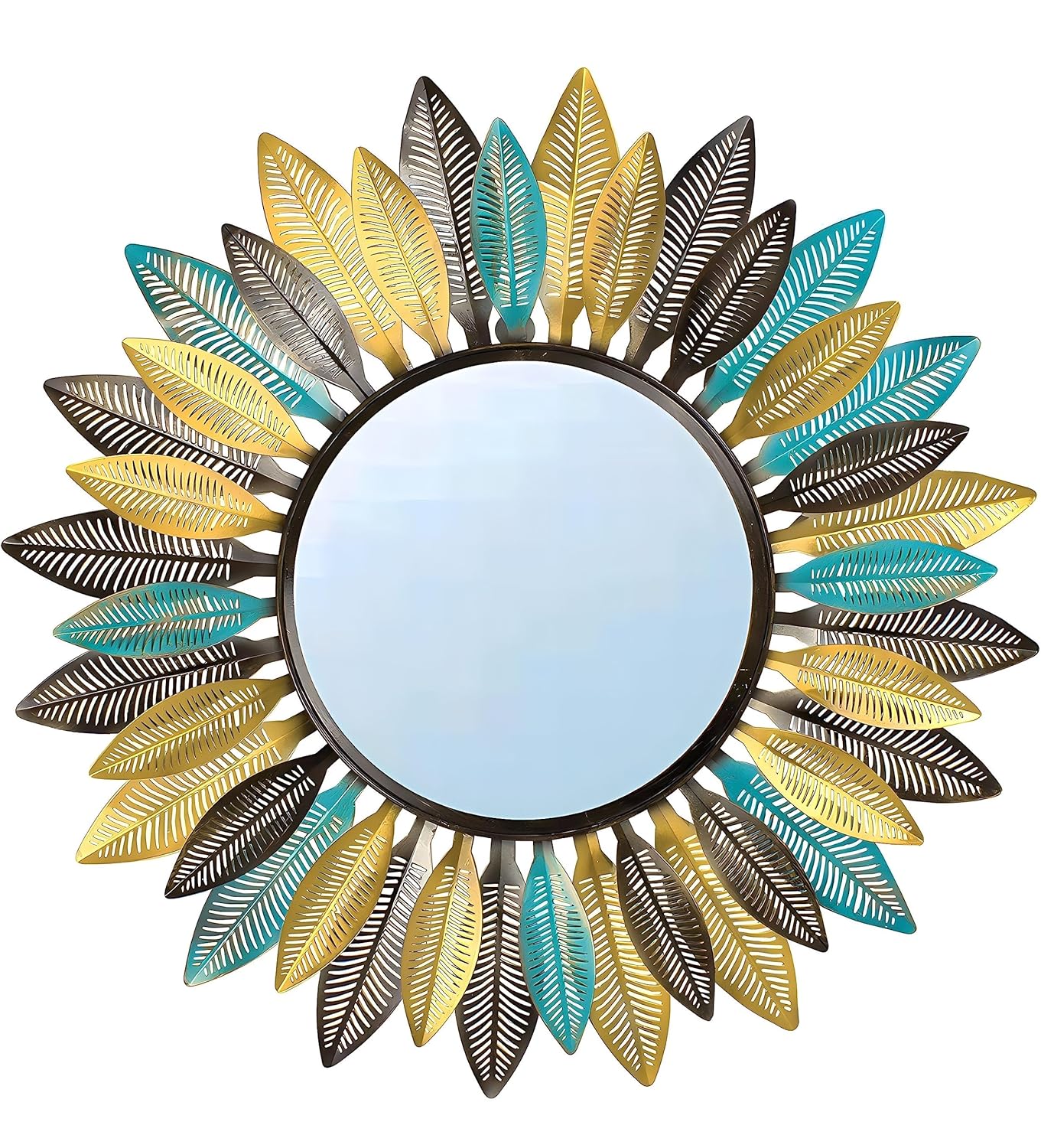 Artistic Multicolor Metal Leaf Sunburst Wall Mirror - Large Decorative Sunflower Style Mirror for Modern Homes