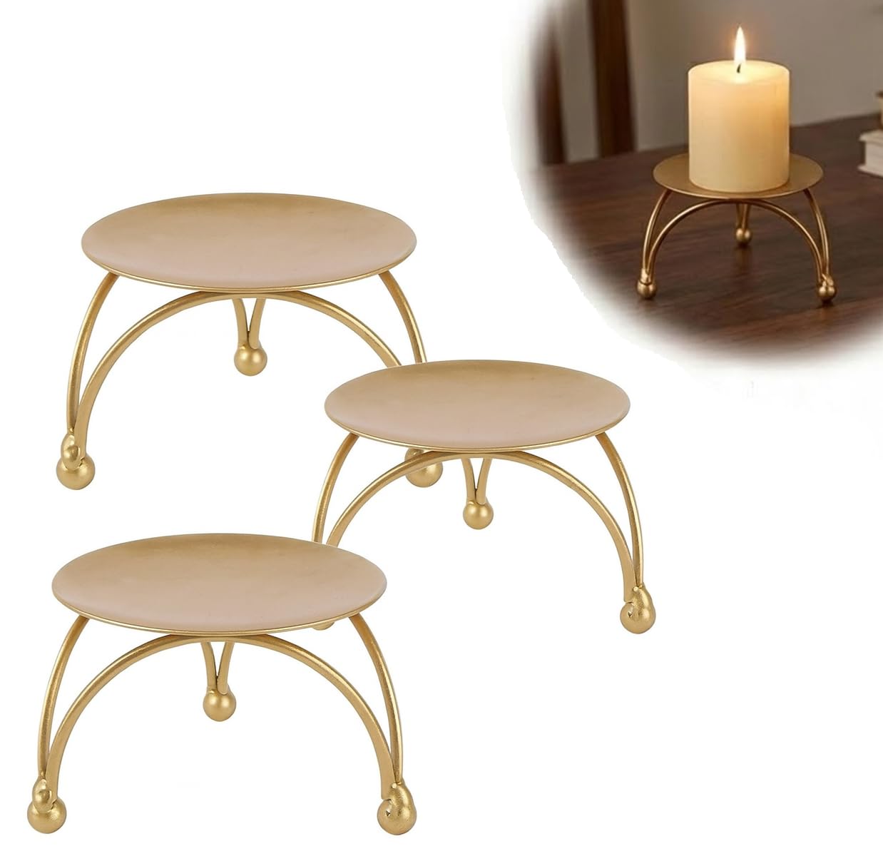 Gold Metal Pillar Candle Stand - Decorative Tripod Pedestal for Jar Candles & Home Decor