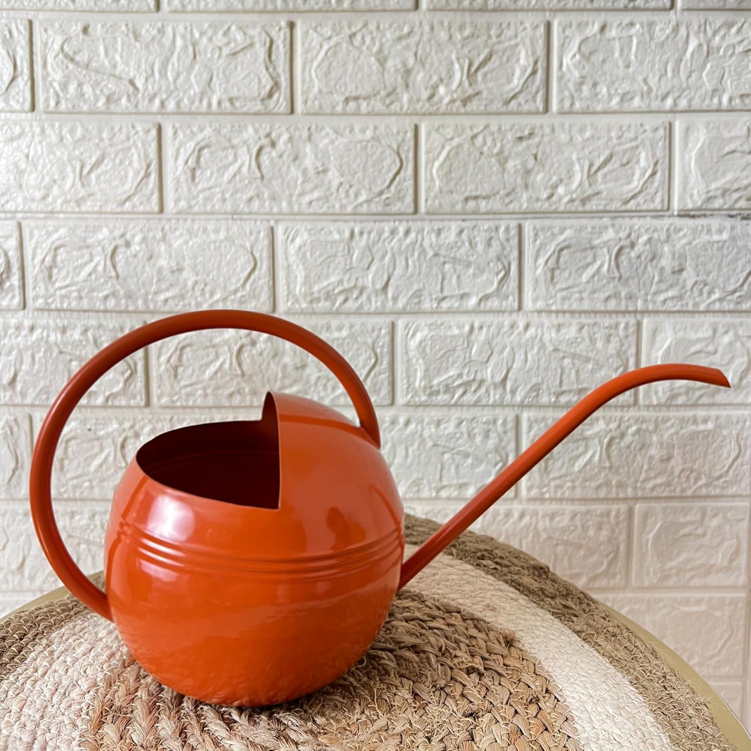 Spherical Round Shape Orange Metal Watering Can for Balcony and Patio Decor