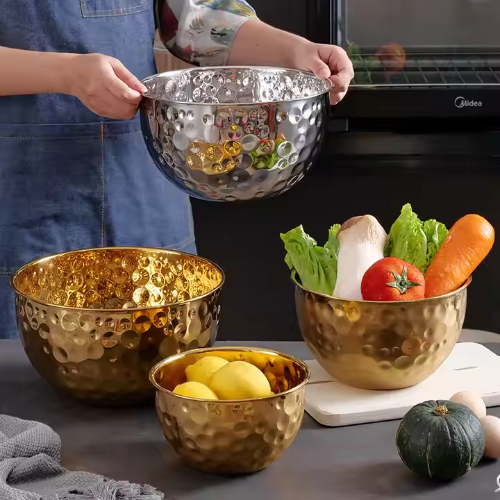 Premium Hammered Stainless Steel Mixing & Serving Bowl – Versatile Metal Basin for Salad, Dough, & Kitchen Decor