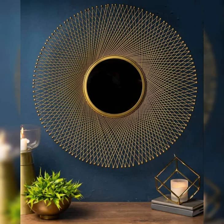 Premium Interlocking Diamond Wire Metal Wall Mirror - Luxury Gold Geometric Sunburst Mirror for Entryways