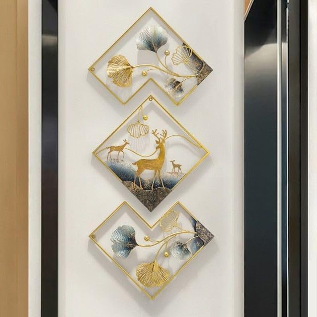 Triple Diamond Frame Metal Wall Art with Golden Reindeer and Ginkgo Leaves - Modern 3-Piece Geometric Wall Decor