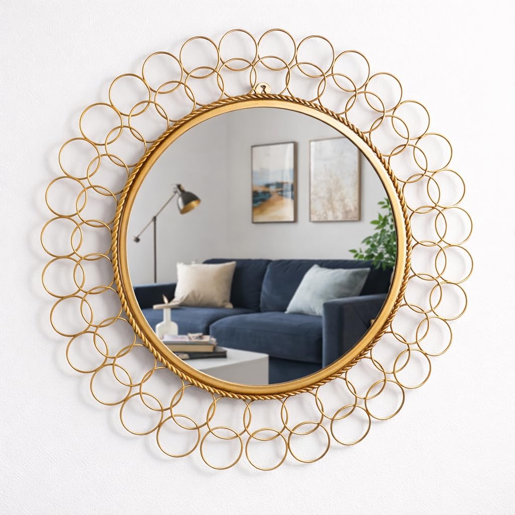 Modern Interlocking Circle Chain Link Metal Wall Mirror - Gold Finish Decorative Mirror for Living Room