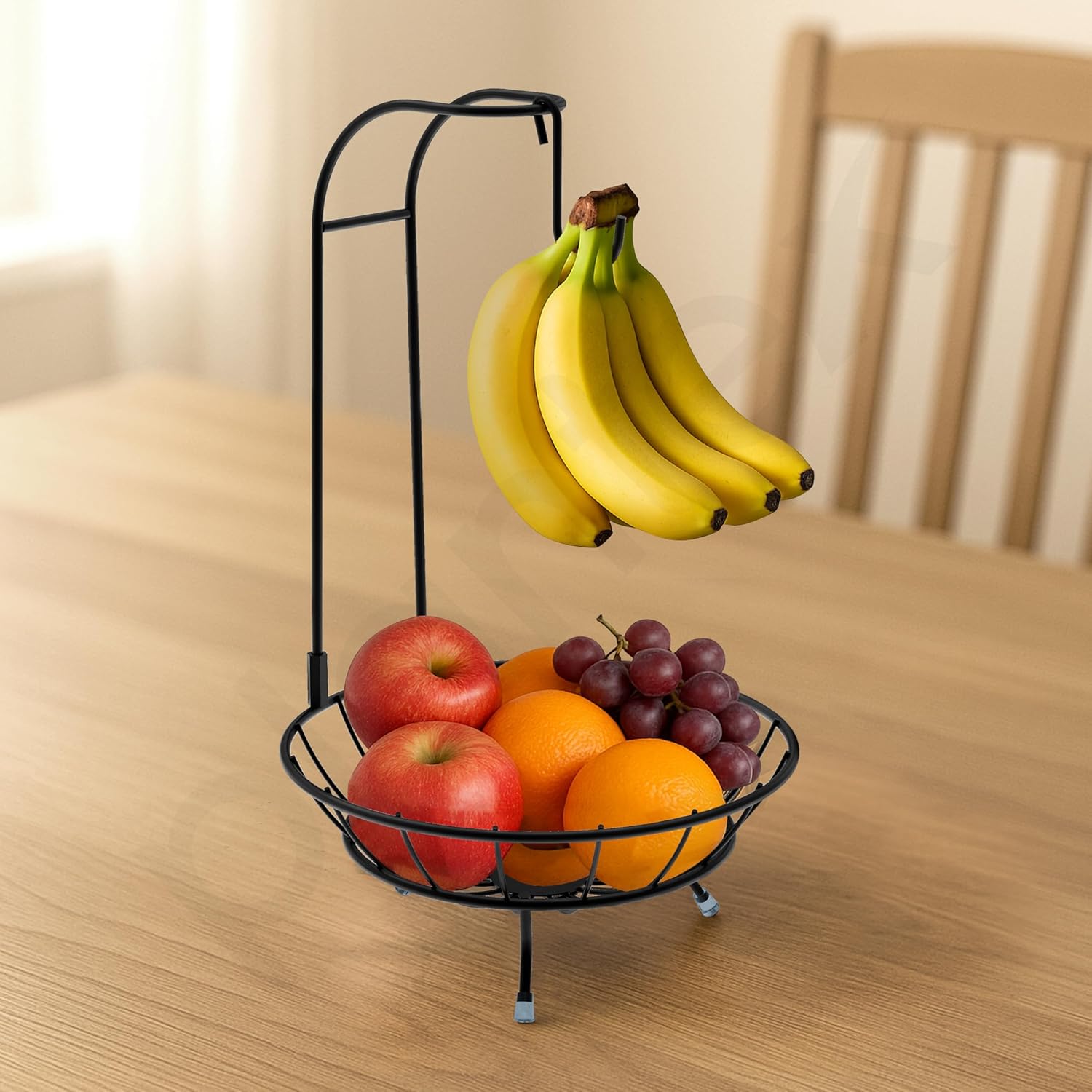 Metal Fruit Basket/Banana Stand For Dining Table/2-in-1 Fruit Bowl with Banana Holder Hook (Colour- Black)