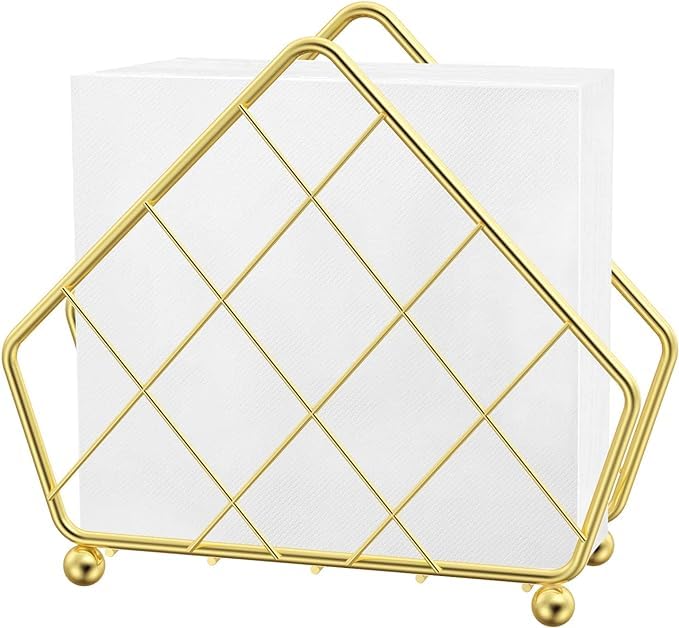 Premium Gold Finish Metal Napkin Holder Stand Decorative Tissue Organizer for Table Kitchen