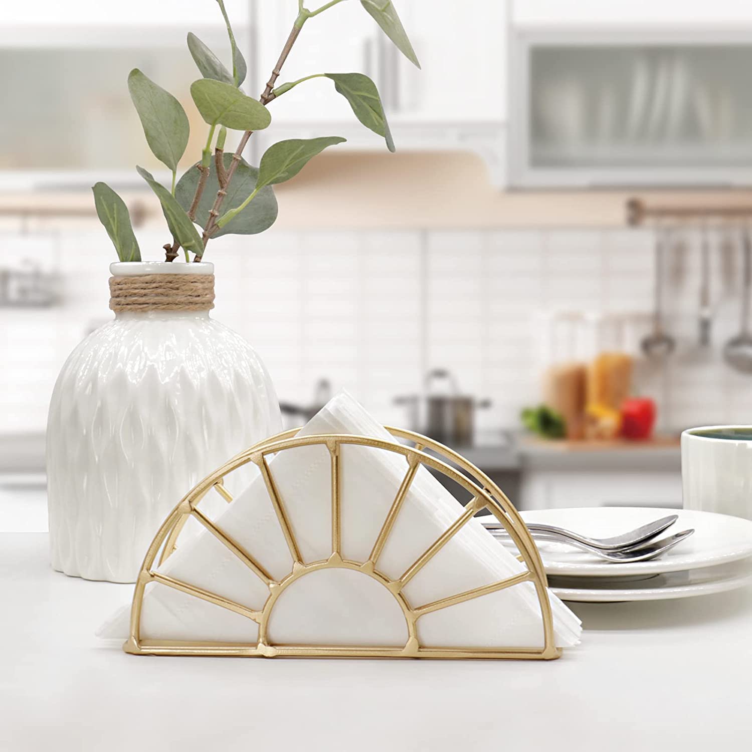 Gold Metal Napkin Holder Fan Design Tissue Stand Decorative for Dining Table Kitchen Decor