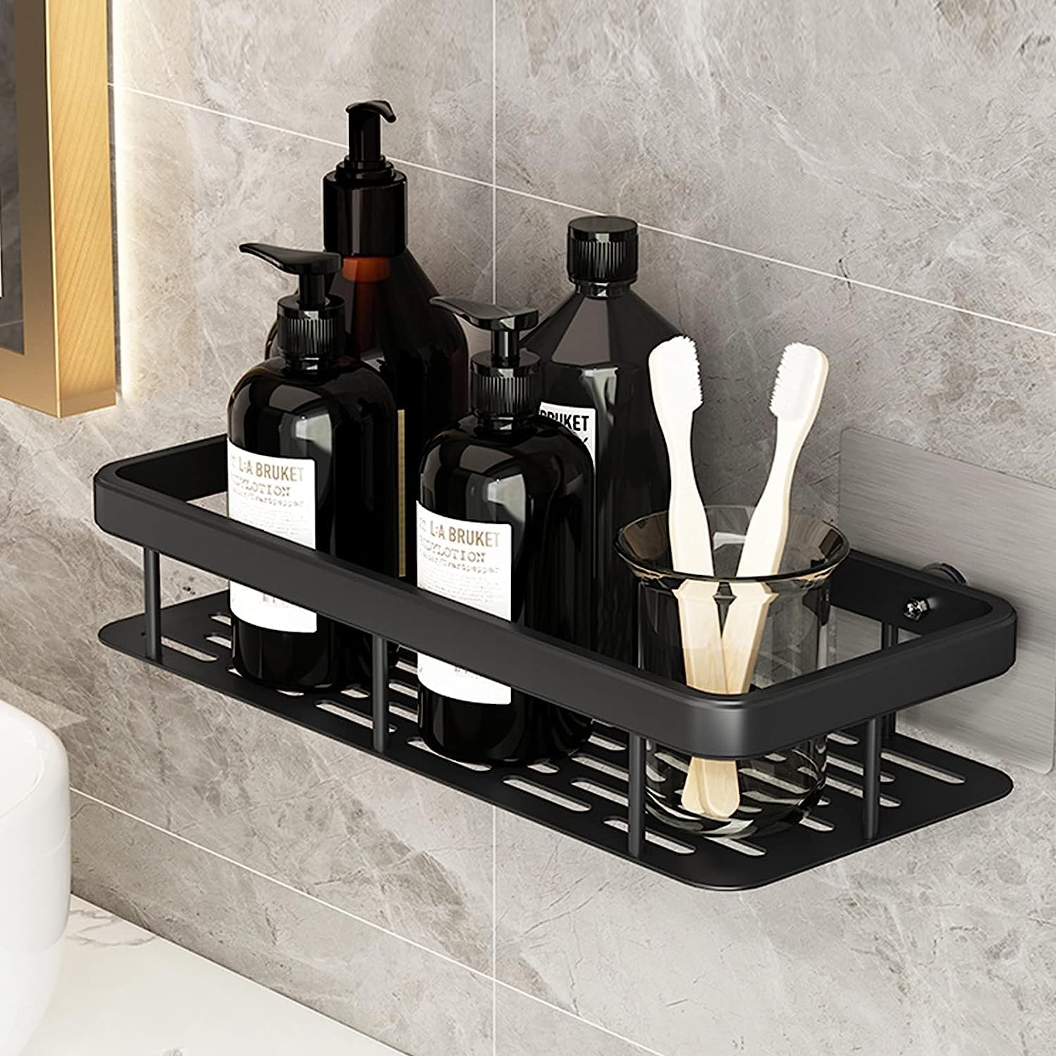 Modern Black Aluminum Bathroom Shelf Wall Mounted Rectangular Shower Organizer Matte Finish Storage Rack for Hotel and Home Decor