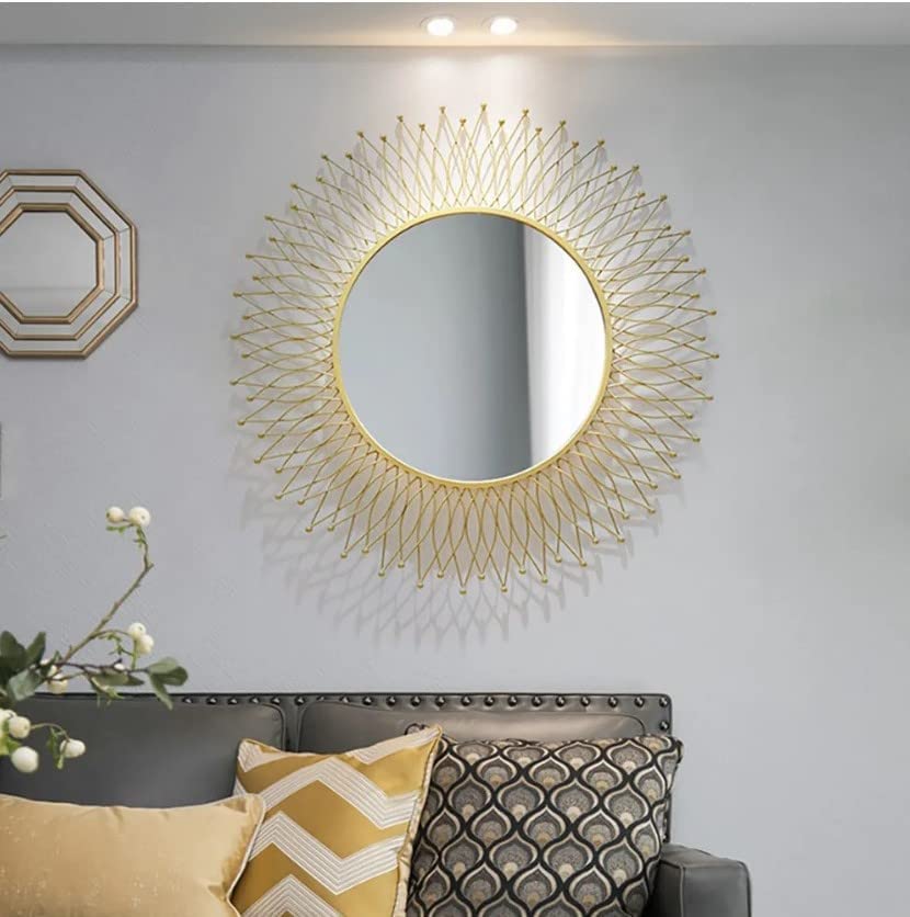 Golden Oval Sunburst Metal Wall Mirror - Unique Ray Design Vertical Mirror for Hallways