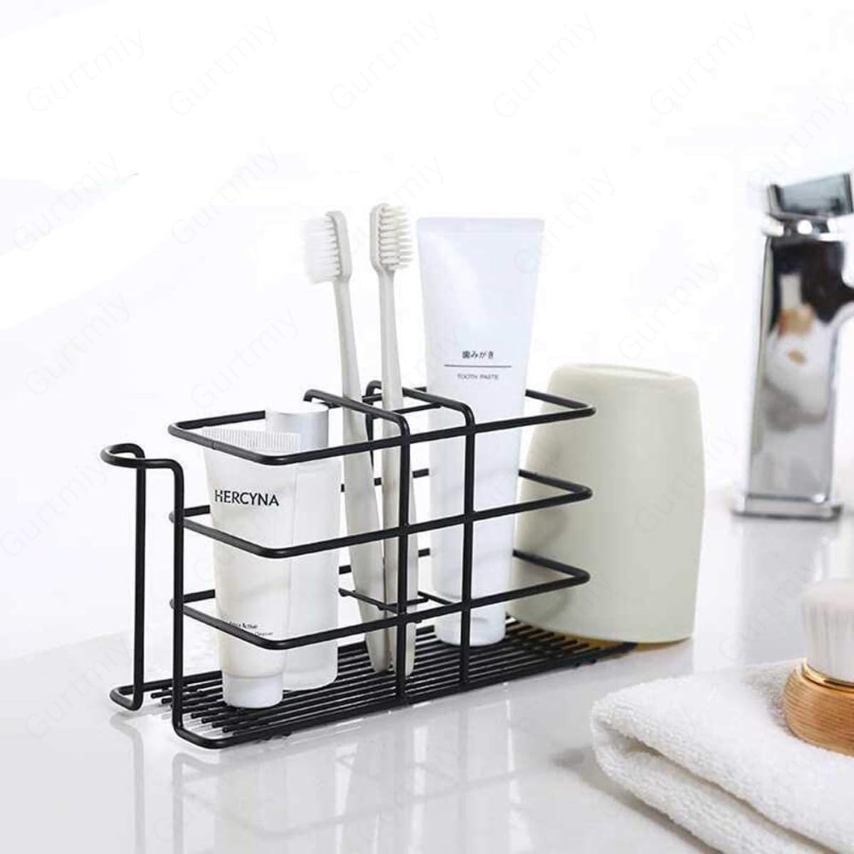 Minimalist Black Metal Toothbrush Holder Stand Compact Bathroom Countertop Storage Organizer for Electric Toothbrushes and Paste