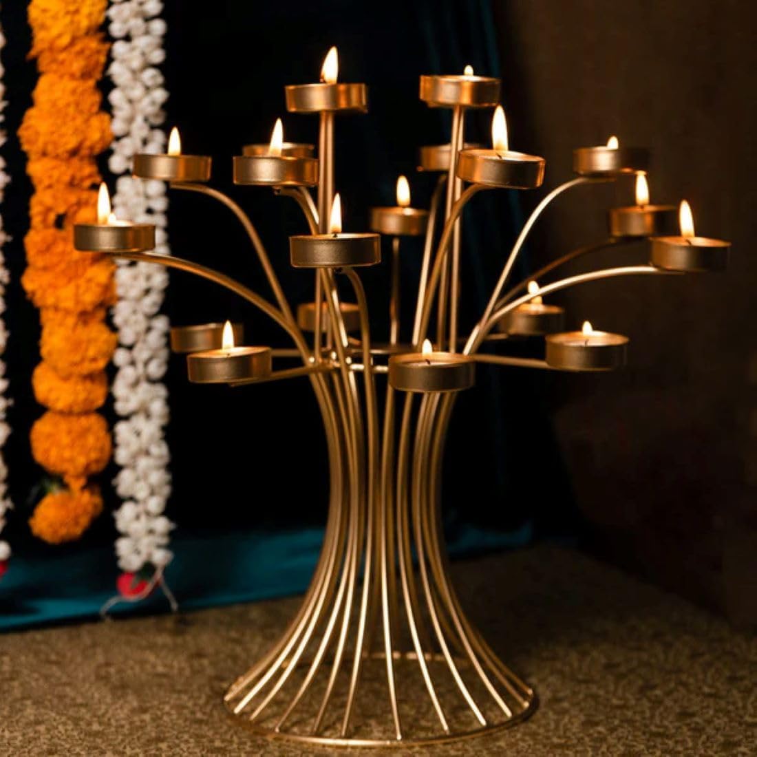 Premium Gold Finish Metal Tree Candelabra - Large Multi-Cup Tea Light Stand for Wedding Decor