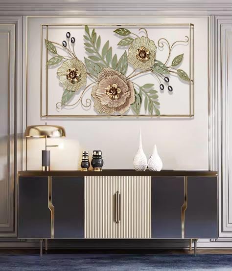 Rectangular Metal Wall Art Featuring 3D Floral and Leaf Designs - Elegant Gold and Green Garden Theme Decor