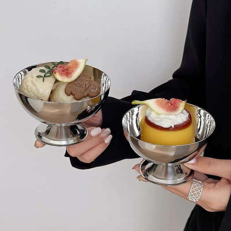 Premium Stainless Steel Dessert Pedestal Bowl & Heart-Top Fork – Elegant Mirror-Finish Sundae Dish for Ice Cream, Pudding & Fruit