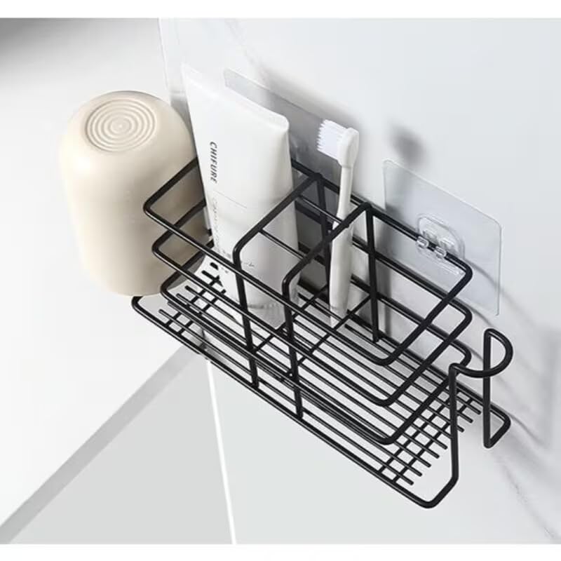 Wall Mounted Multi-Slot Toothbrush Holder with Adhesive Hooks Metal Wire Bathroom Organizer for Electric Toothbrushes and Cups