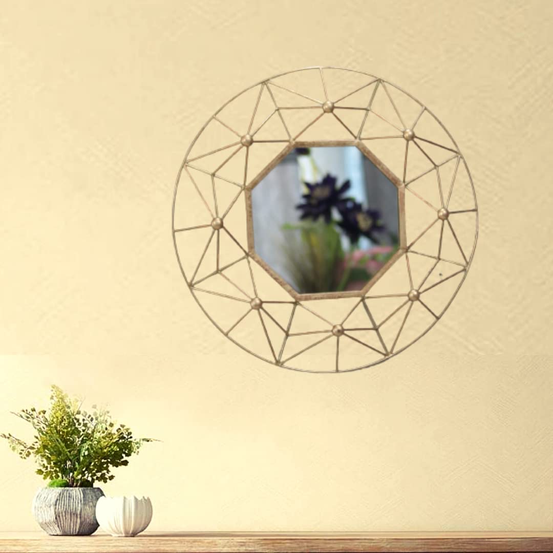 Modern Interlocking Geometric Wire Hexagon Wall Mirror - Gold Finish Artistic Mirror for Living Room