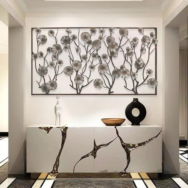 Large Rectangular Metal Wall Art with Multi-Stem Floral Branch Design - Modern Grey and Gold Home Decor