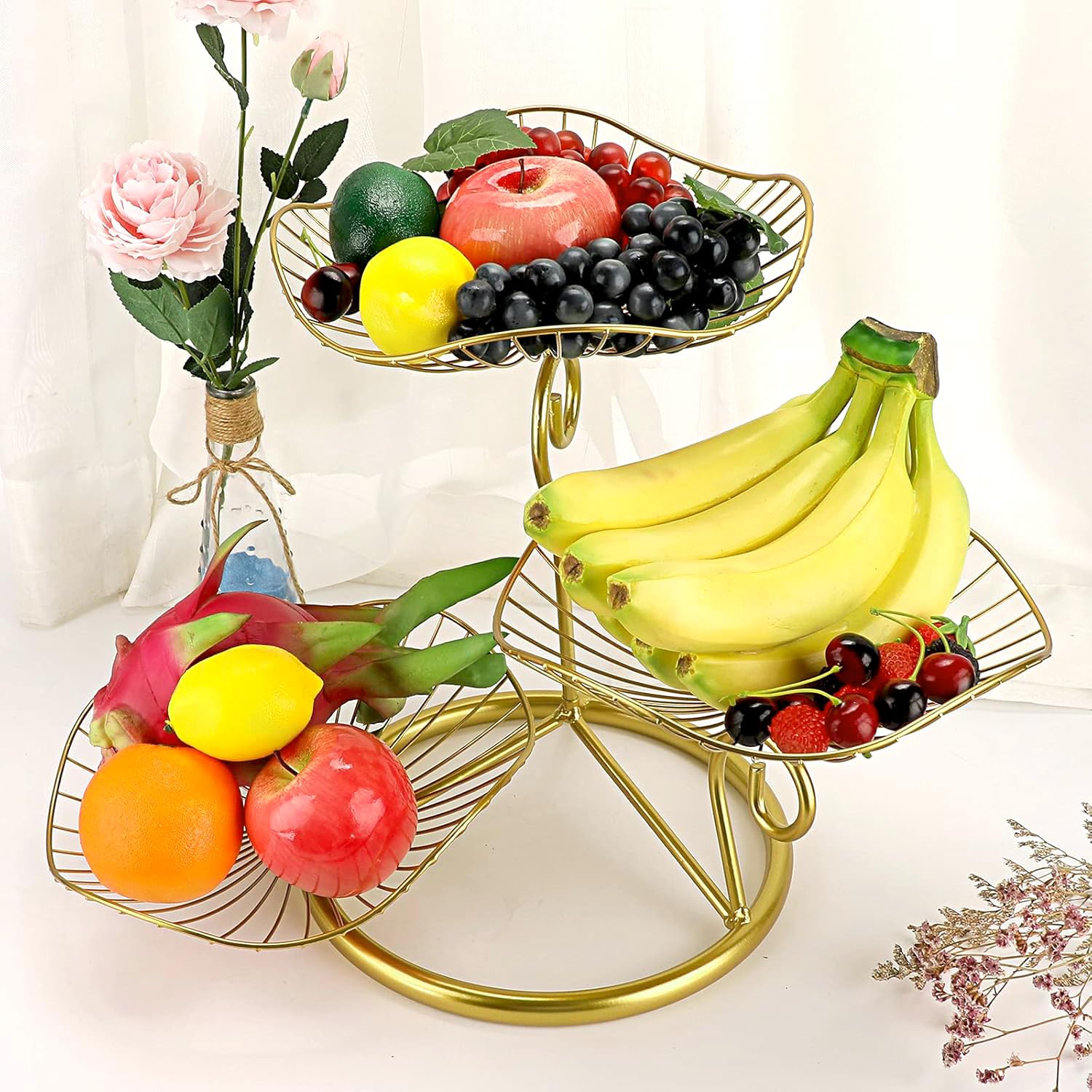3-Tier Fruit Basket Stand Decorative Iron Fruit Bowl, Metal Wire Fruit Holder Storage Trays Table Countertop Holder for Vegetables Bread Snack, Modern Fruit Bowls for Kitchen Home Use