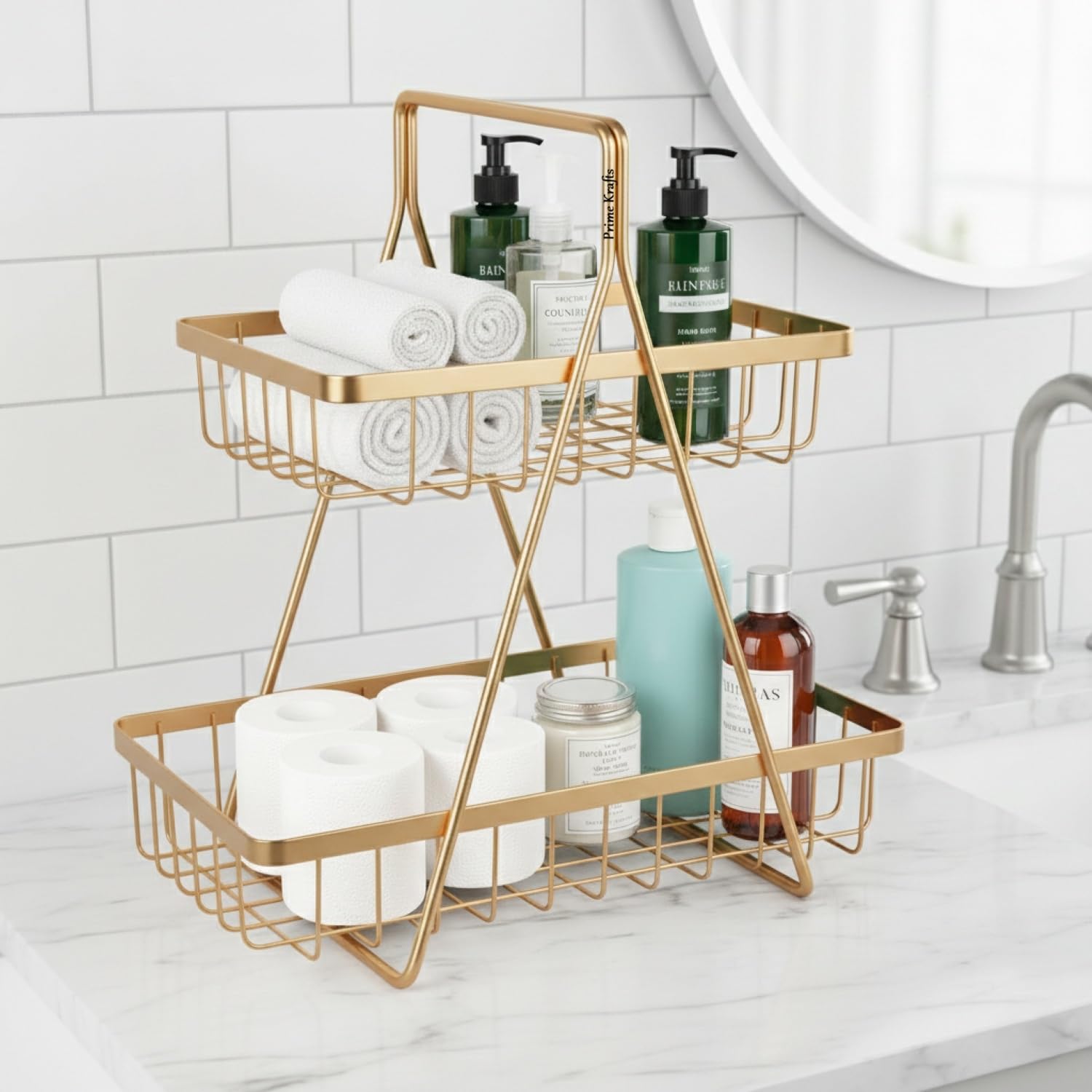 2-Tier Modern Fruit and Vegetable Basket with Handle | MultipurposeStorage Organizer for Home & Kitchen - Gold