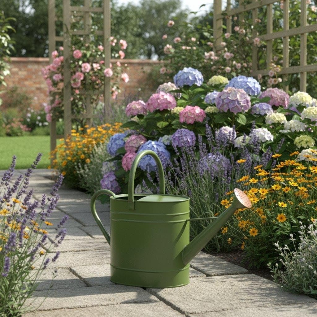 Heavy Duty Olive Green Metal Watering Can 5 Litre with Dual Handle for Gardening